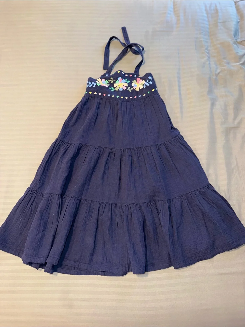 GAP Navy Halter Tiered Dress with Colorful Floral Embroidery